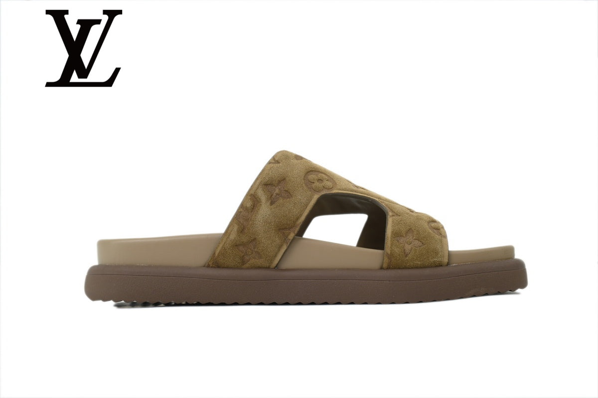 Khaki Monogram-Pattern Slide Sandals | Sizes 38–46