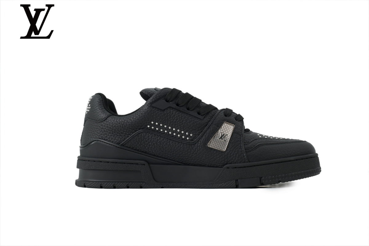 Louis Vuitton Trainer Sneaker – All-Black Leather with Rhinestone Embellishment
