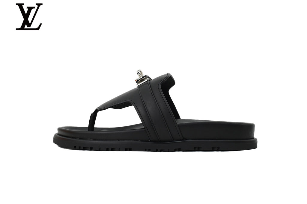 Louis Vuitton Flip Flop Sandal in Black with Metal Buckle