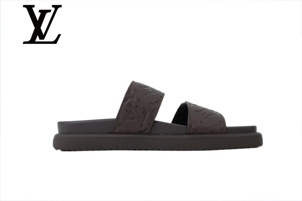 Dark Brown Ostrich-Print Double-Buckle Slide Sandals | Sizes 38–46
