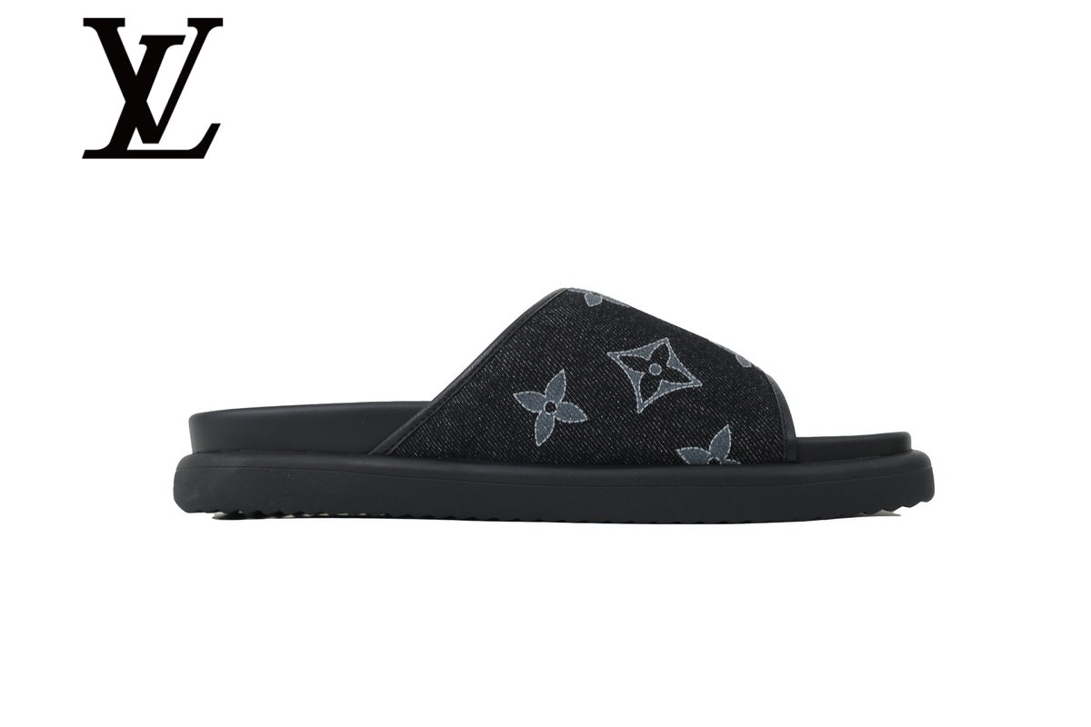 Black Monogram-Pattern Denim-Look Slide Sandals | Sizes 38–46
