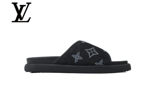 Black Monogram-Pattern Denim-Look Slide Sandals | Sizes 38–46