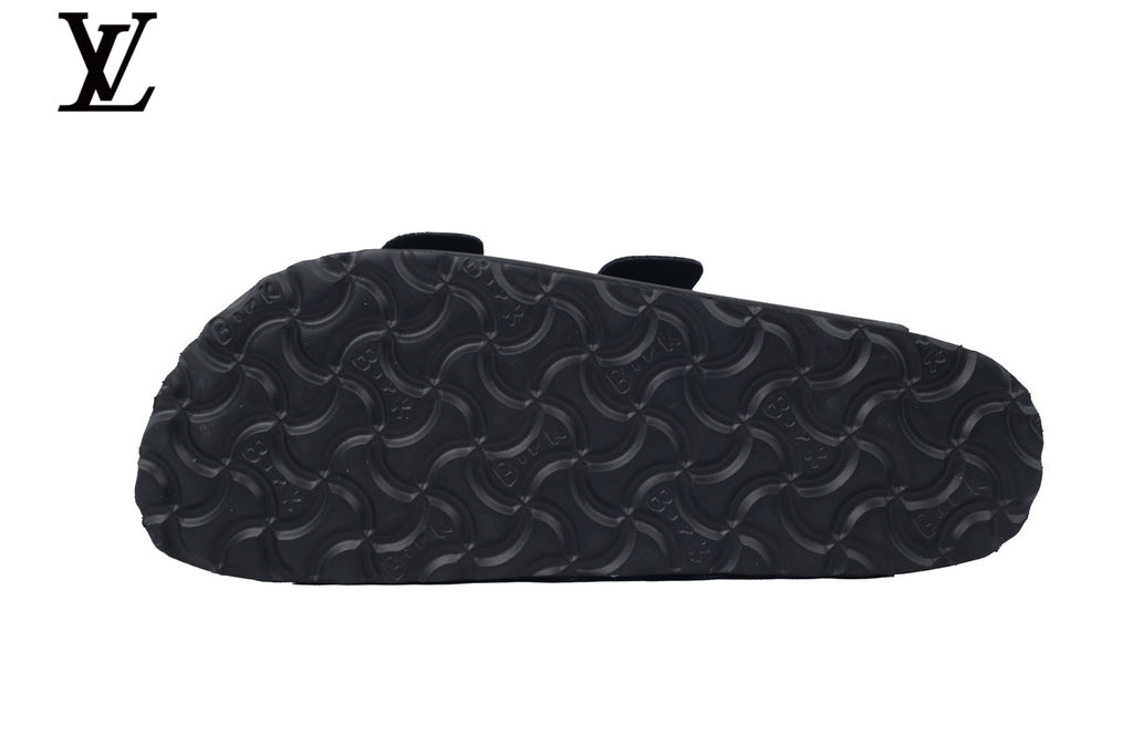 Birkenstock Slide Sandal in Black with Double Buckle and Cork Footbed