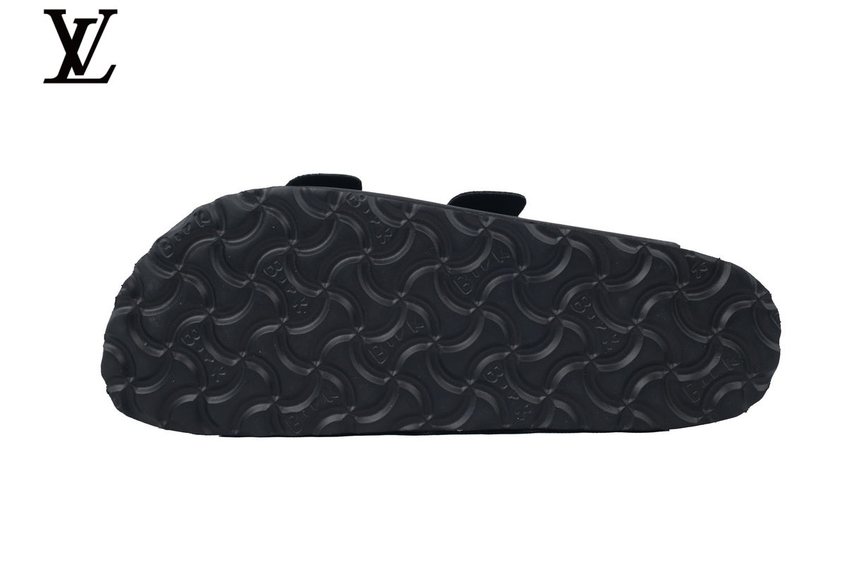 Birkenstock Slide Sandal in Black with Double Buckle and Cork Footbed