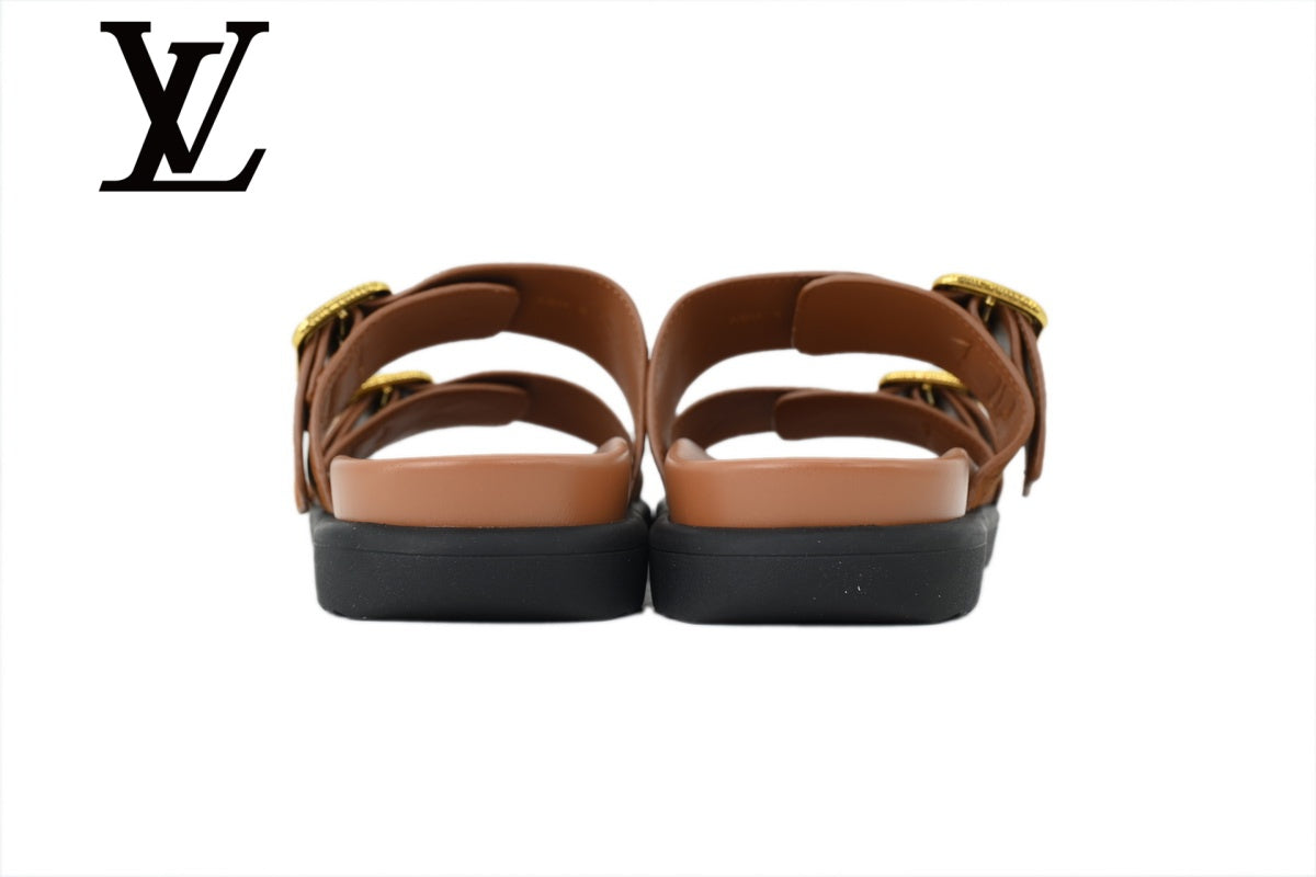 Brown Monogram-Pattern Double-Buckle Slide Sandals | Sizes 38–46