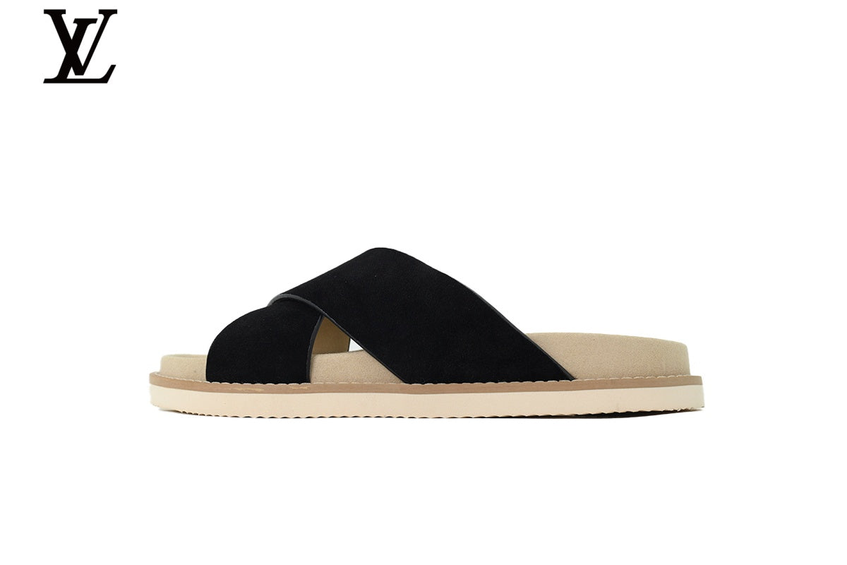 Louis Vuitton Slide Sandal in Black Suede with Cross Strap
