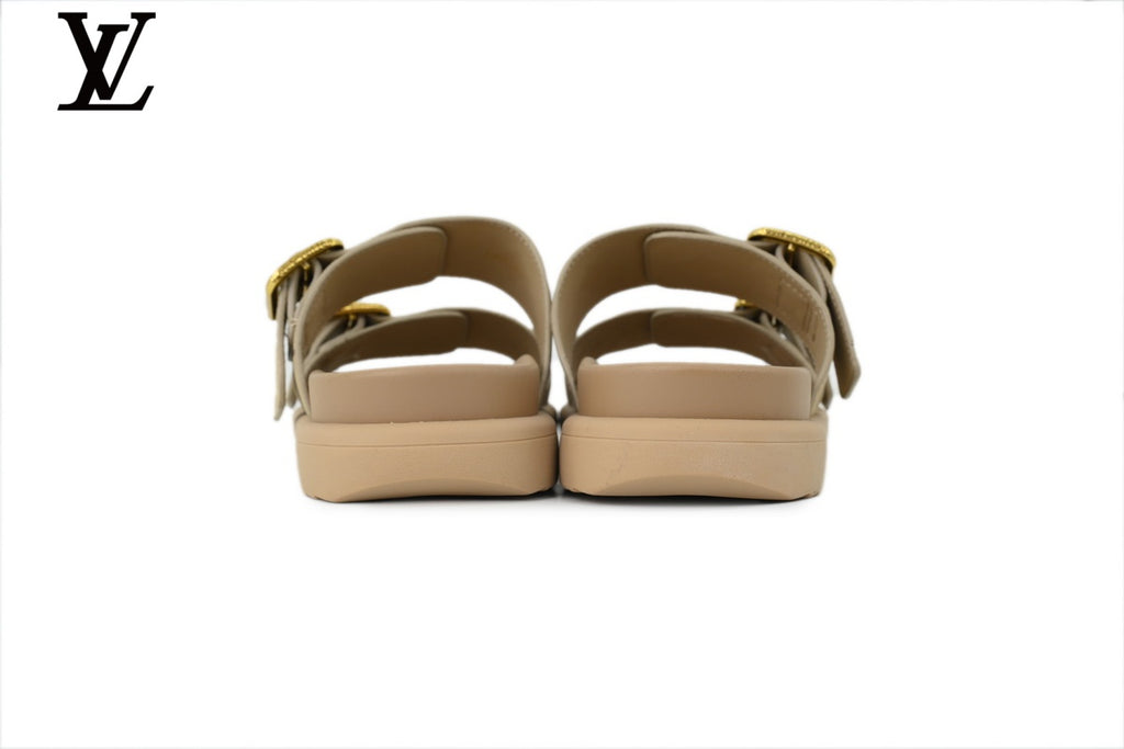 Louis Vuitton Monogram Slide Sandal in Beige with Gold Buckle and Double Strap