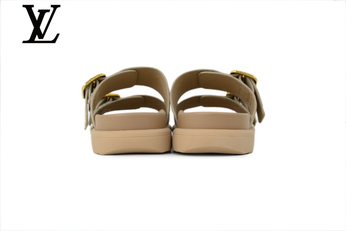 Beige Monogram-Pattern Suede-Look Double-Strap Slides | Sizes 35–46