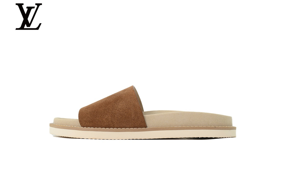 Louis Vuitton Single Strap Slide Sandal – Tan Suede Leather & Beige Footbed