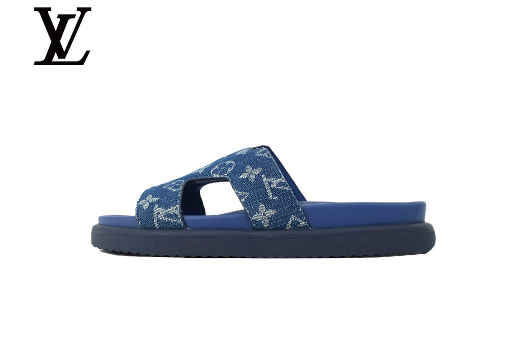 Blue Monogram-Pattern Denim-Look Slides | Sizes 35–46