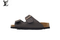 Birkenstock Slide Sandal in Dark Grey with Double Buckle and Cork Footbed