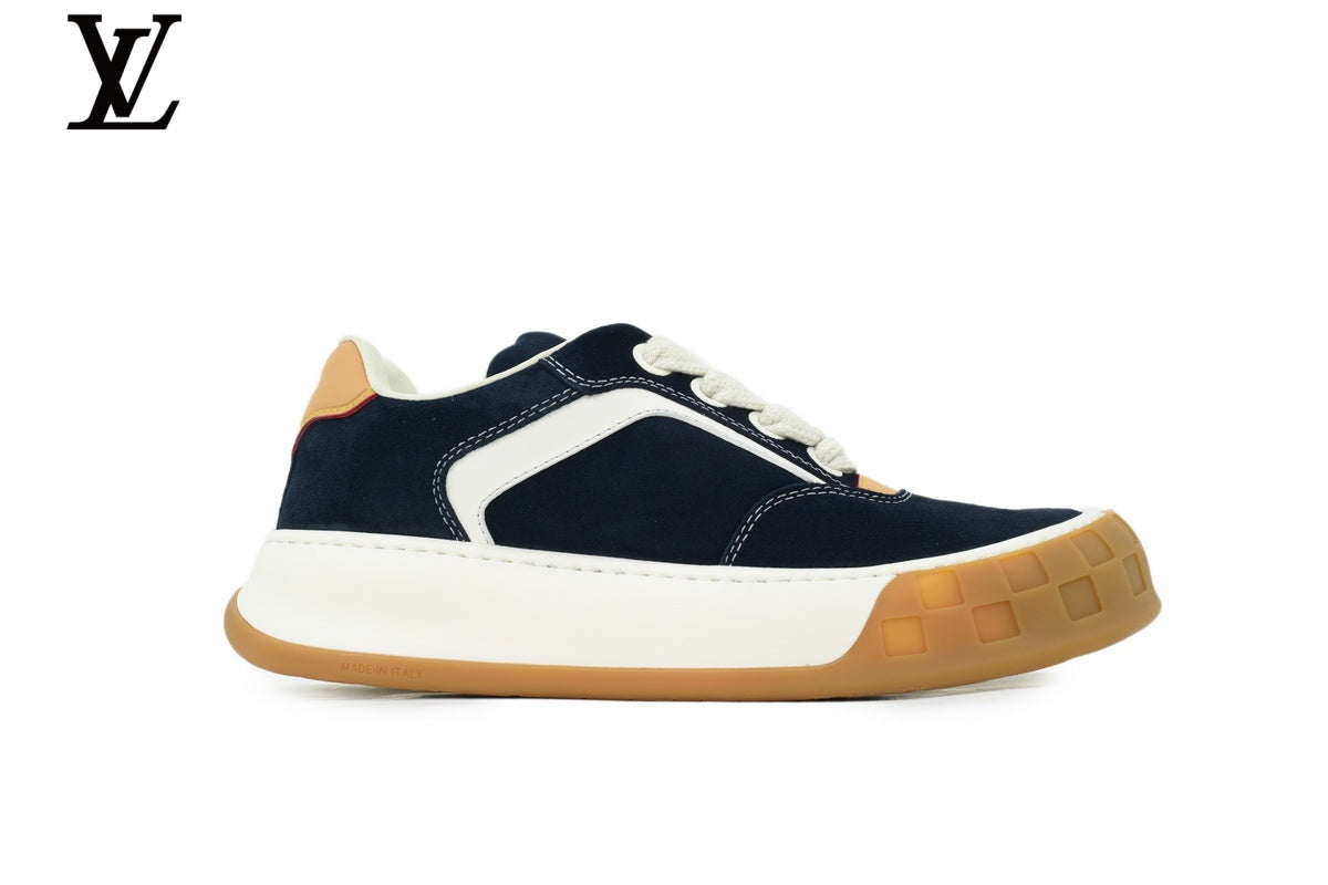 Louis Vuitton Low Top Sneaker in Navy Suede with White Leather Trim and Gum Sole
