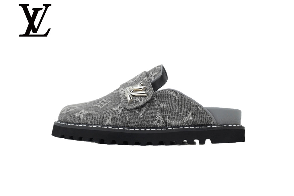 Grey Monogram-Pattern Denim Mules | Sizes 35–46