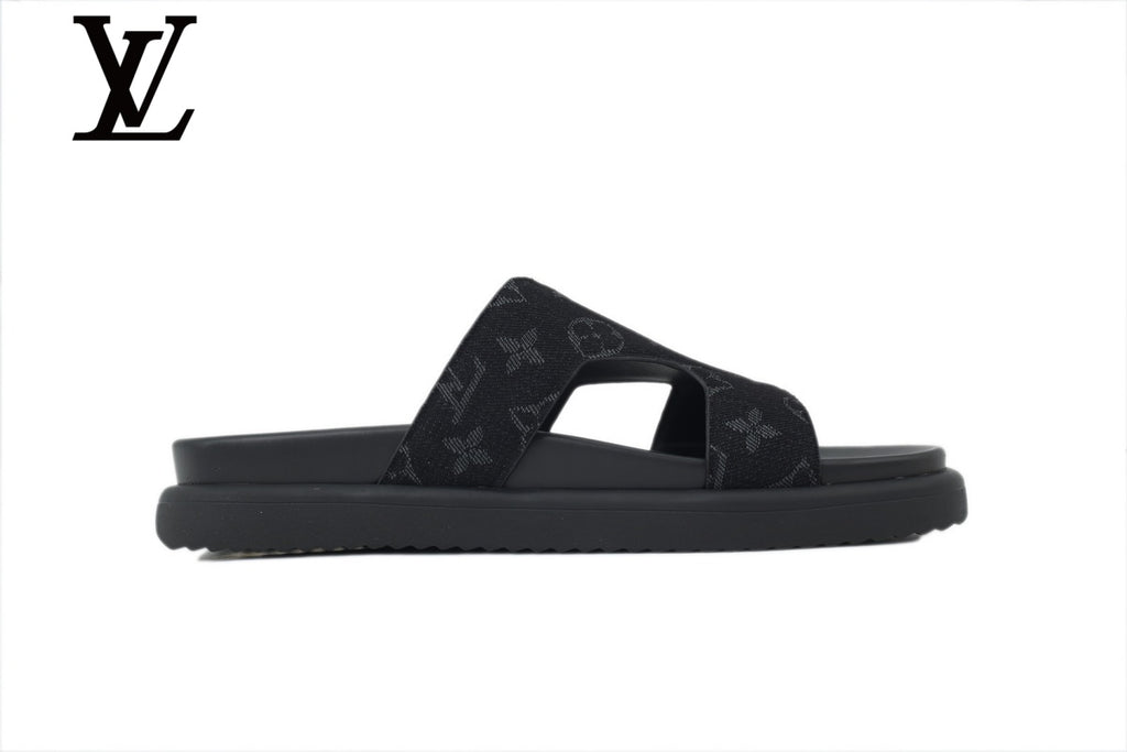 Black Monogram-Pattern Cutout Slides | Sizes 35–46