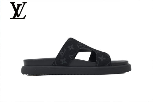 Black Monogram-Pattern Cutout Slides | Sizes 35–46