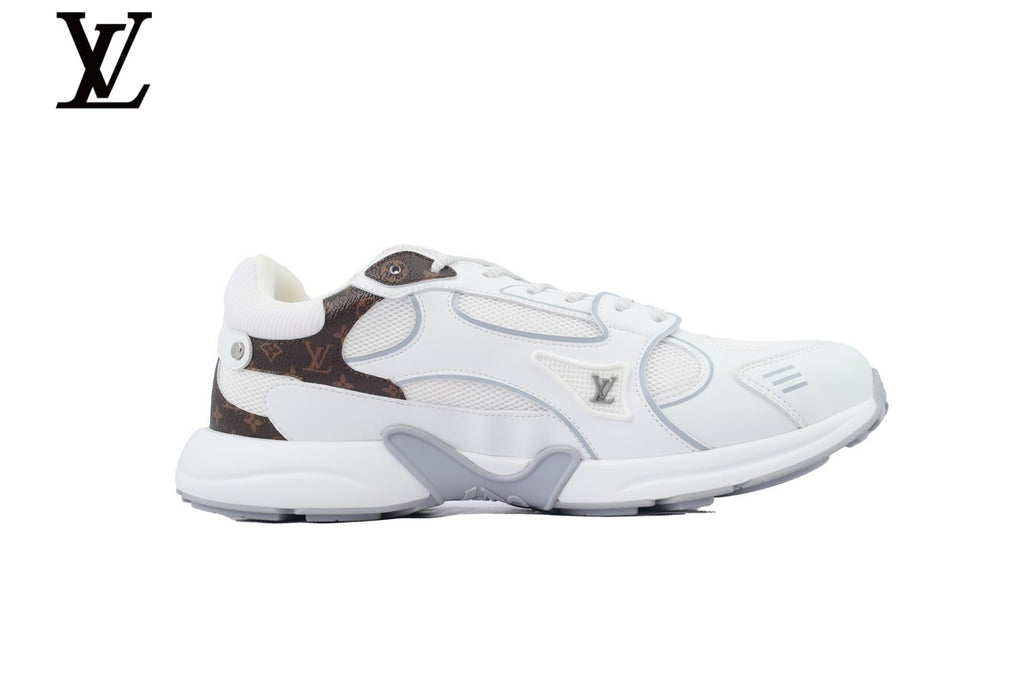 Louis Vuitton Low Top Sneaker – White Mesh & Leather with Monogram Panel & Grey Outsole