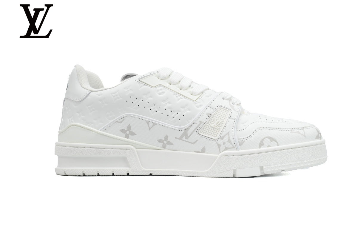 Louis Vuitton Low Top Trainer – White Monogram Embossed Leather & Gold Signature