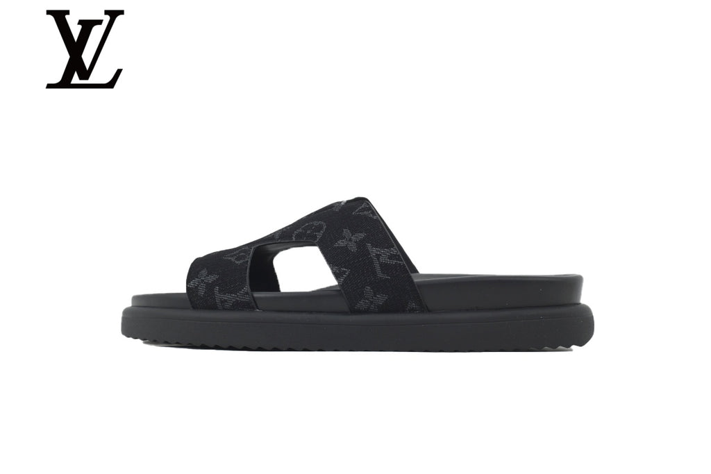 Black Monogram-Pattern Cutout Slides | Sizes 35–46