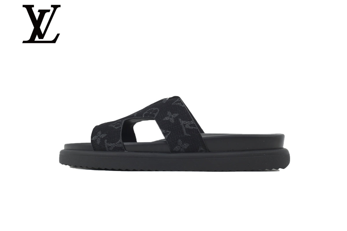 Black Monogram-Pattern Cutout Slides | Sizes 35–46