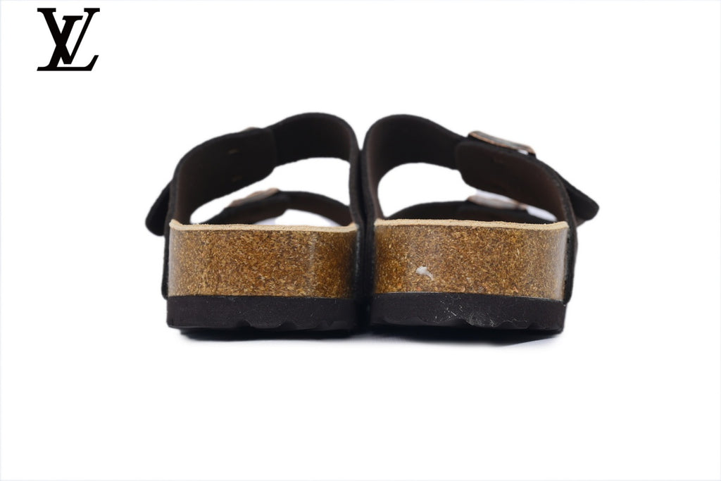 Birkenstock Slide Sandal in Dark Coffee Suede with Double Buckle and Cork Footbed