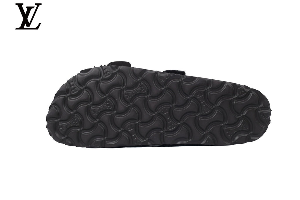 Birkenstock Slide Sandal in Dark Grey with Double Buckle and Cork Footbed