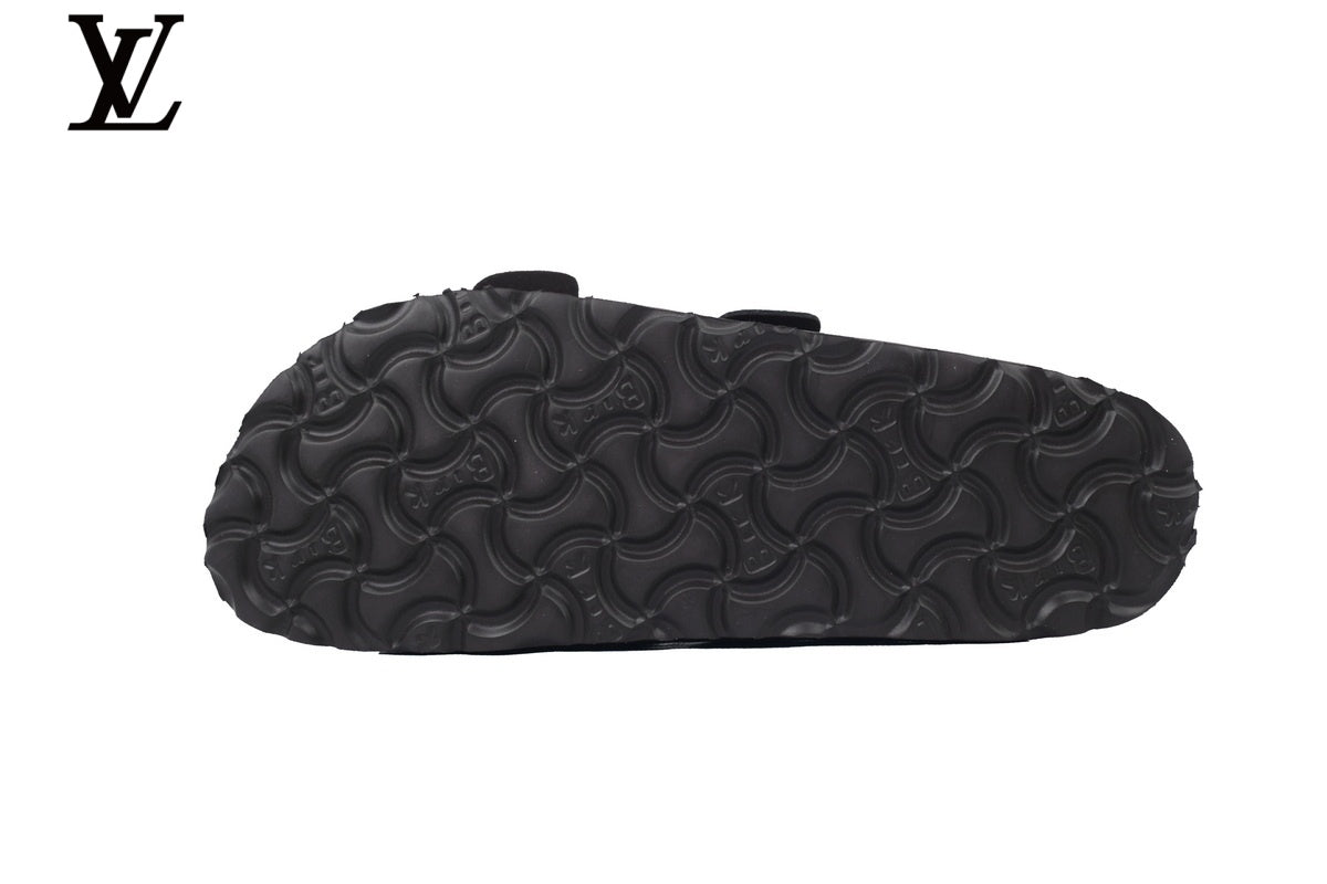 Birkenstock Slide Sandal in Dark Grey with Double Buckle and Cork Footbed