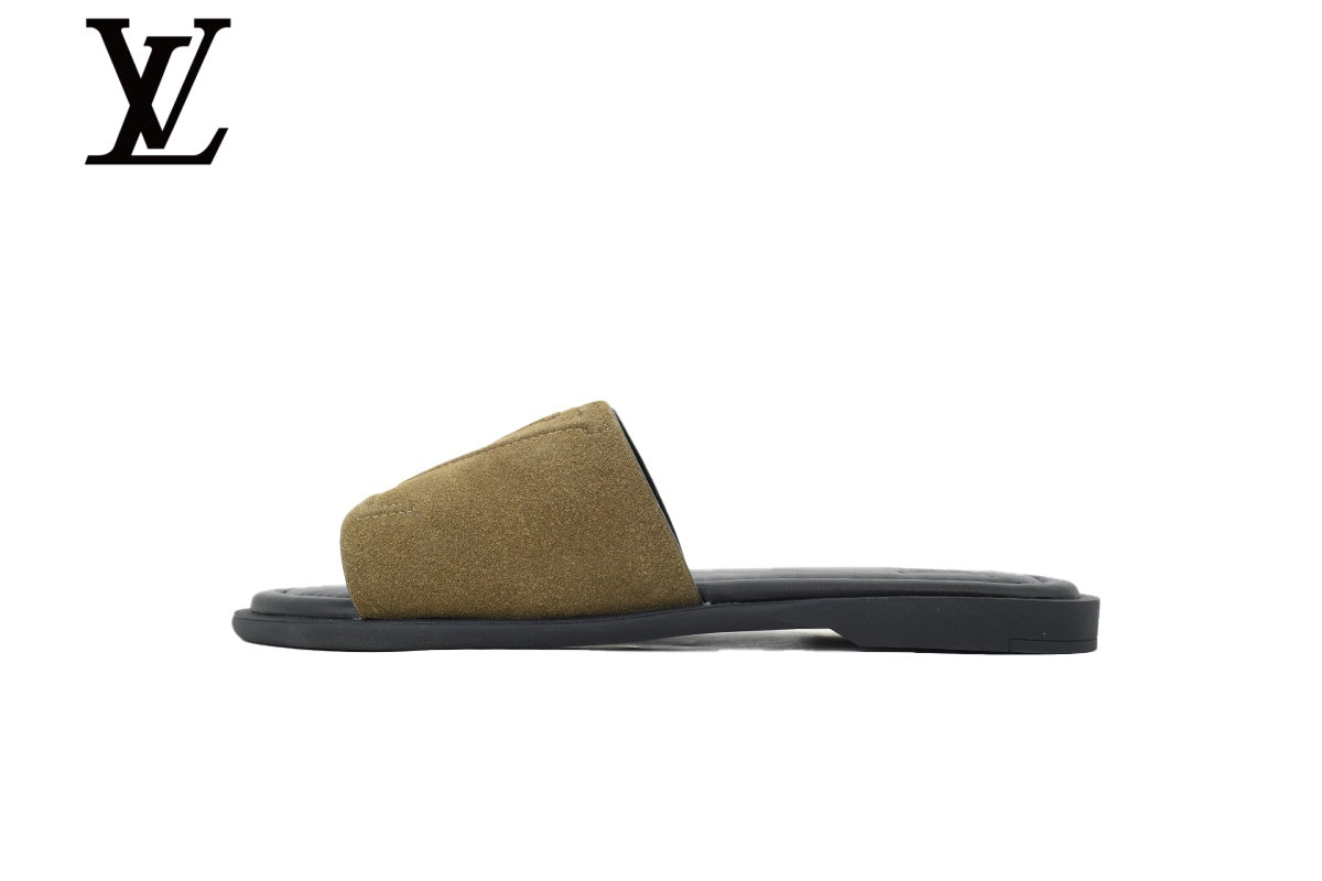 Khaki Suede-Look Slides | Sizes 35–46