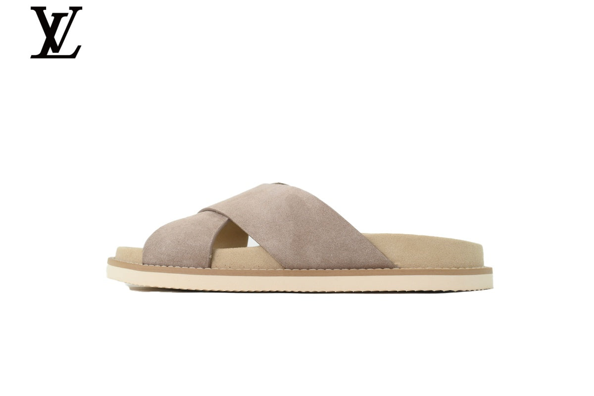 Louis Vuitton Slide Sandal in Light Grey Suede with Cross Strap