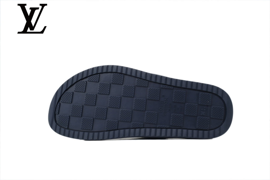 Blue Monogram-Pattern Denim-Look Slides | Sizes 35–46
