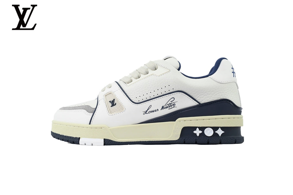 Louis Vuitton Trainer Sneaker – White & Navy Signature
