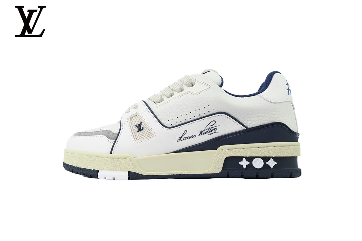 Louis Vuitton Trainer Sneaker – White & Navy Signature