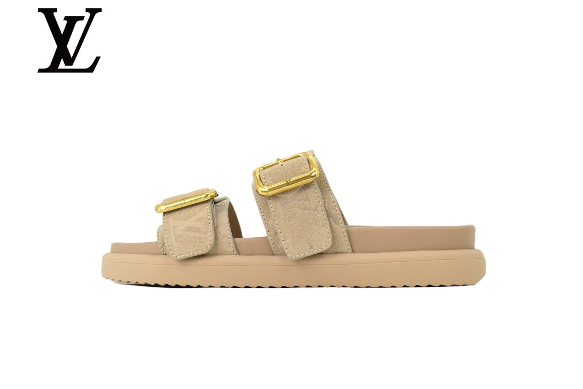 Beige Monogram-Pattern Suede-Look Double-Strap Slides | Sizes 35–46