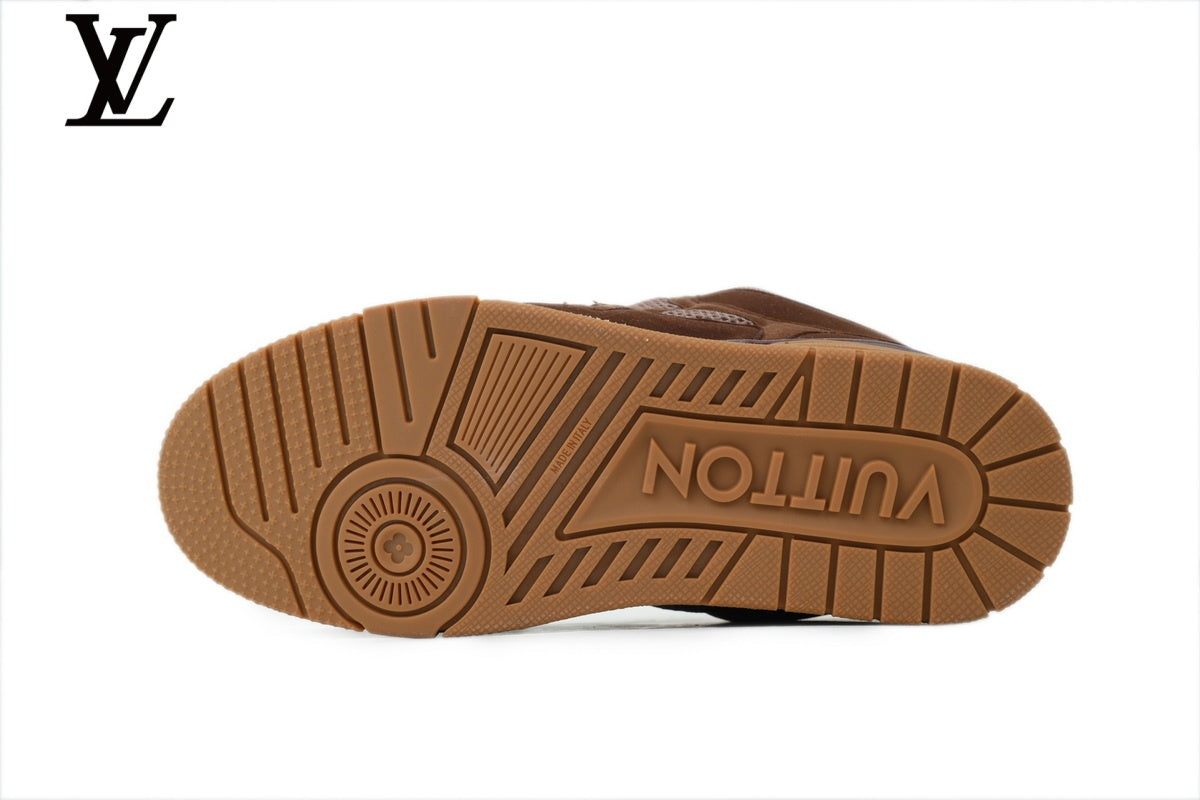 Louis Vuitton Trainer Sneaker – Brown Suede & Mesh with White & Gum Sole