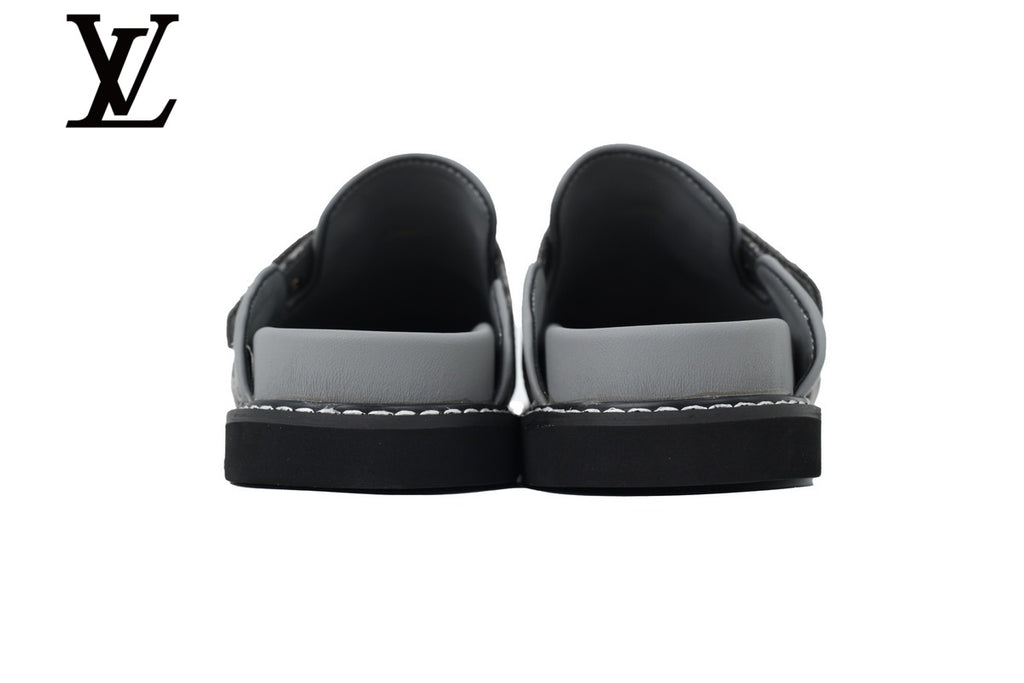 Grey Monogram-Pattern Denim Mules | Sizes 35–46