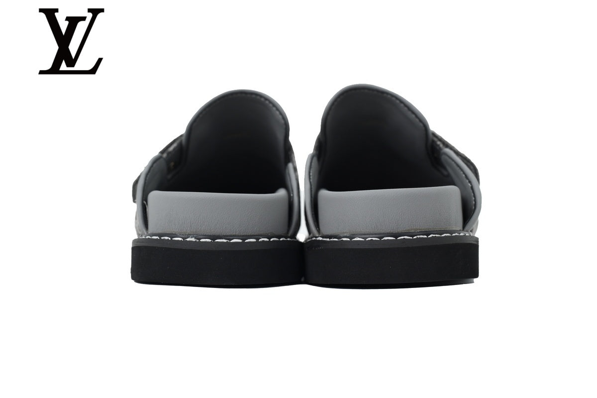 Grey Monogram-Pattern Denim Mules | Sizes 35–46