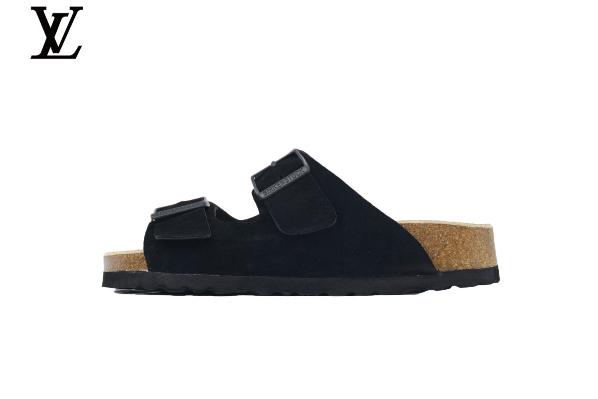 Birkenstock Slide Sandal in Black Suede with Double Buckle and Cork Footbed