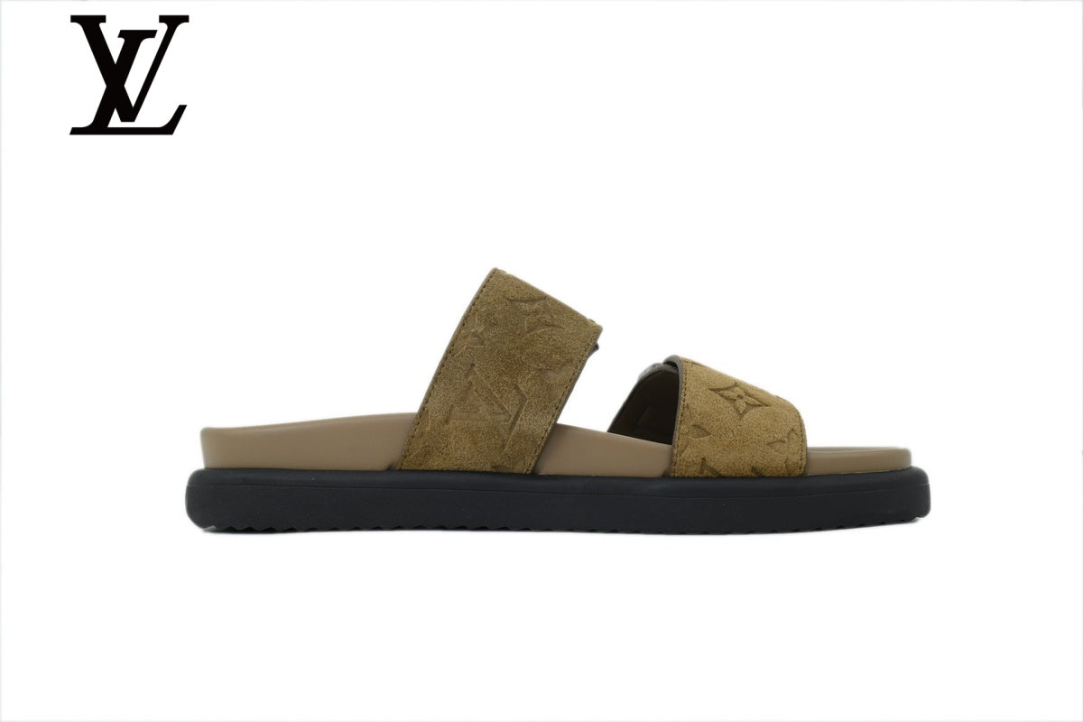Khaki Monogram-Pattern Suede-Look Double-Strap Slides | Sizes 35–46