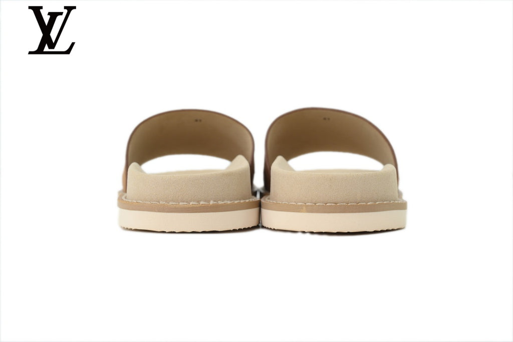 Louis Vuitton Single Strap Slide Sandal – Tan Suede Leather & Beige Footbed