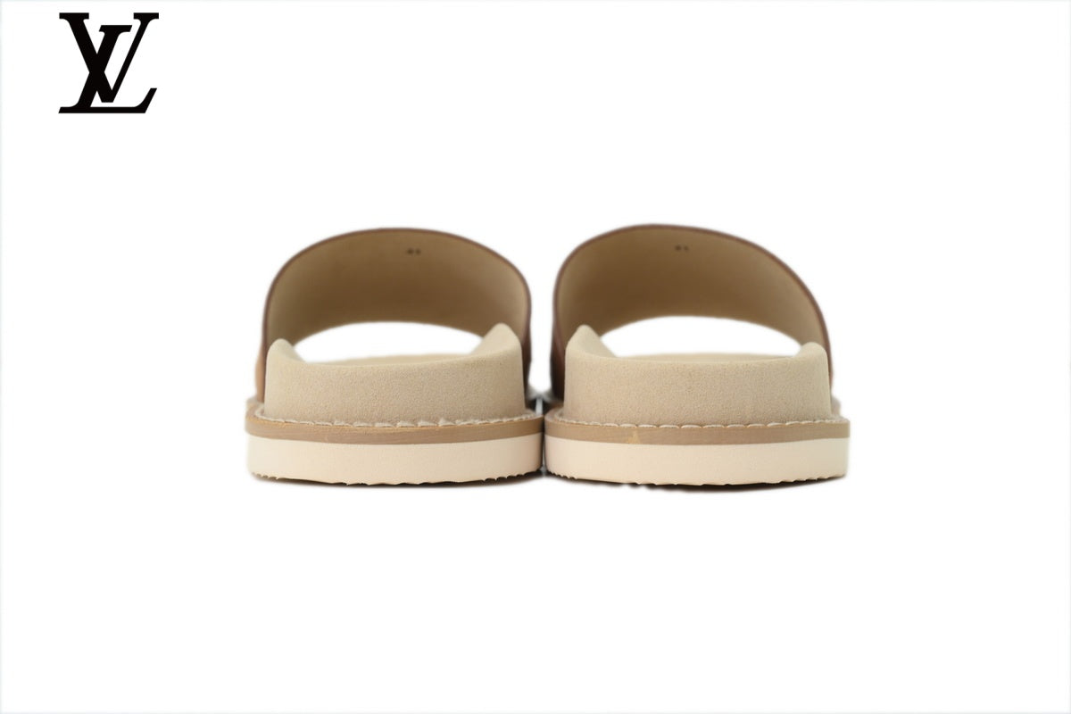 Louis Vuitton Single Strap Slide Sandal – Tan Suede Leather & Beige Footbed