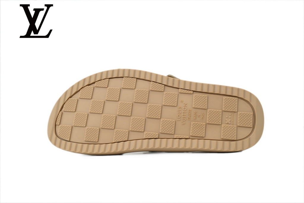 Beige Monogram-Pattern Suede-Look Double-Strap Slides | Sizes 35–46