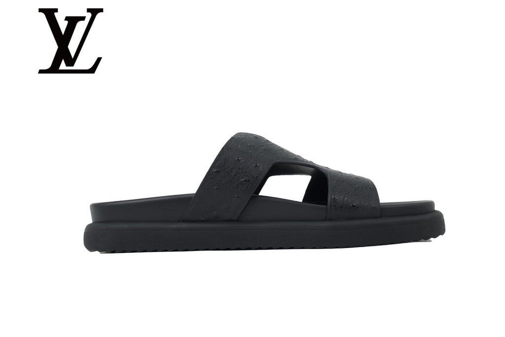 Black Ostrich-Print Slide Sandals | Sizes 38–46