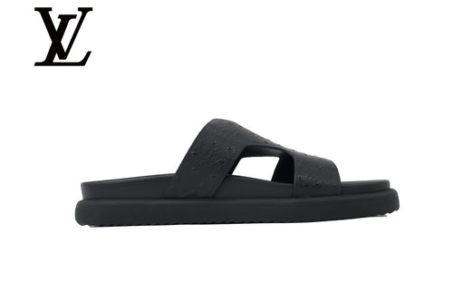 Black Ostrich-Print Slide Sandals | Sizes 38–46