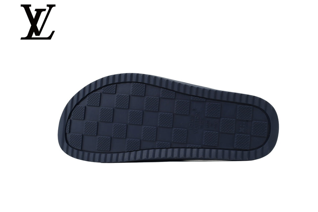 Navy Blue Monogram-Pattern Denim-Look Slides | Sizes 35–46