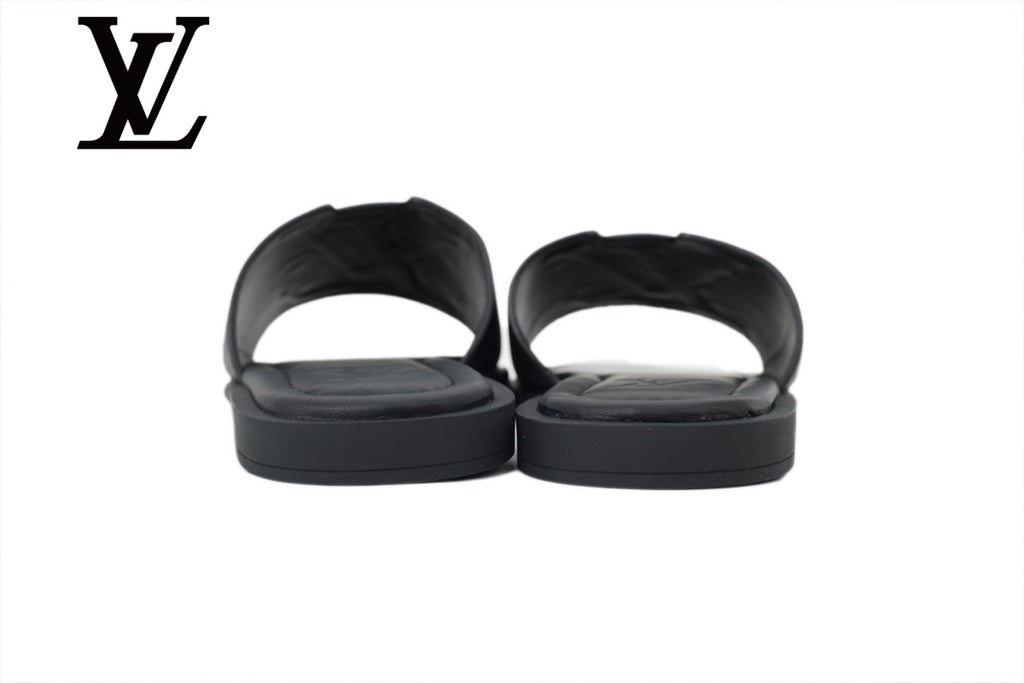 Black Grained Leather-Look Slide Sandals | Sizes 38–46