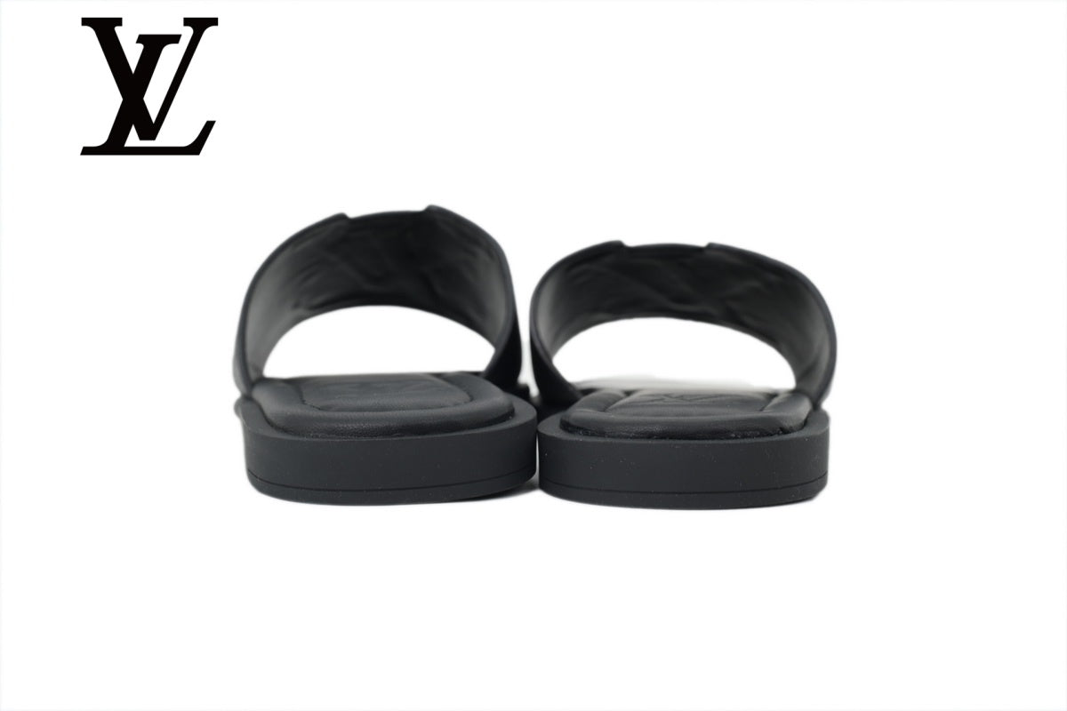 Black Grained Leather-Look Slide Sandals | Sizes 38–46