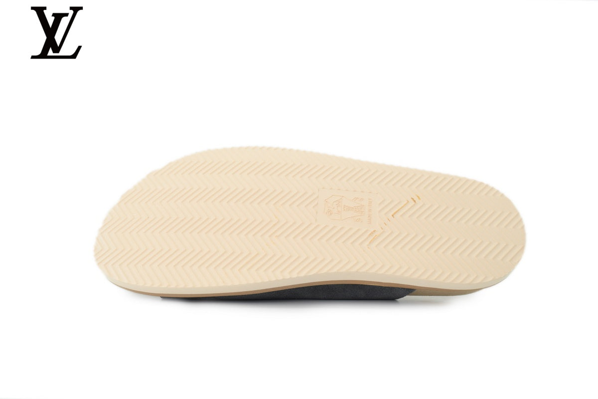 Louis Vuitton Slide Sandal in Grey-Blue Suede with Double Gold Buckle