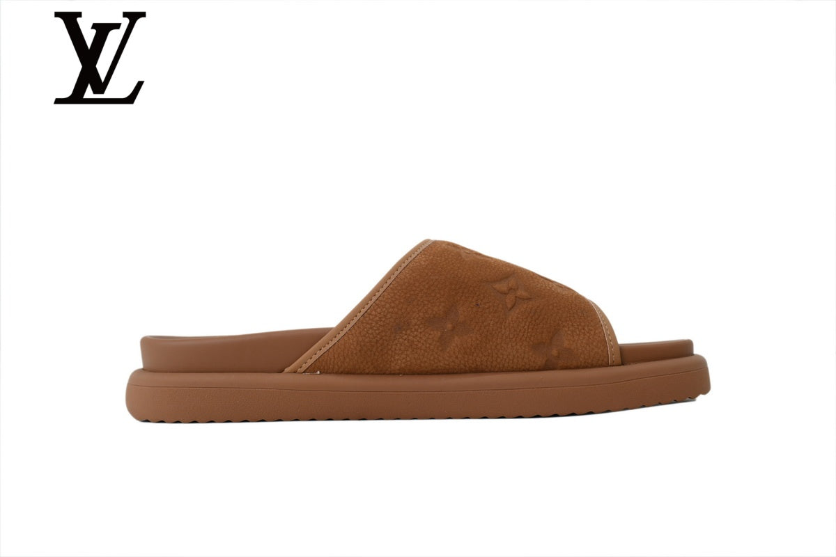 Brown Monogram-Pattern Nubuck-Look Slides | Sizes 35–46