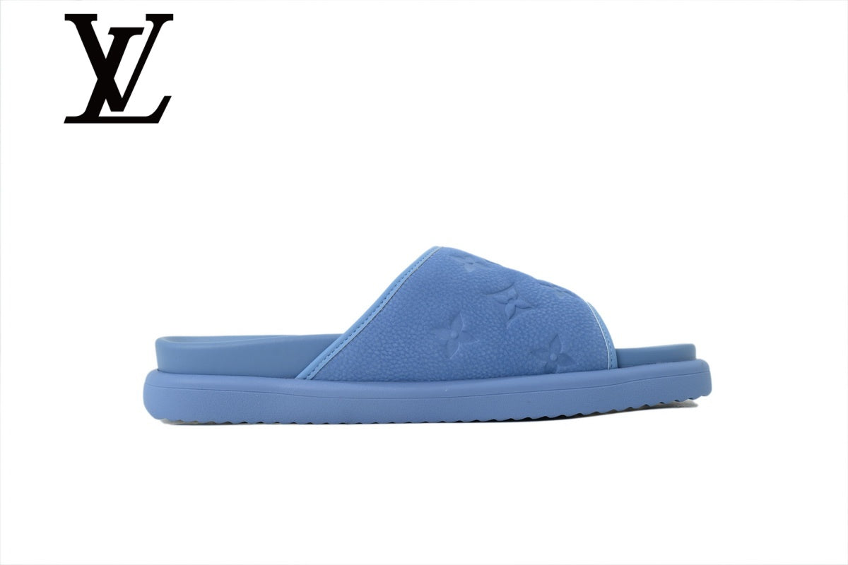 Light Blue Monogram-Pattern Slide Sandals | Sizes 38–46