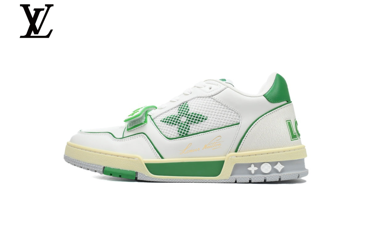 Louis Vuitton Trainer Sneakers - White and Green Mesh & Leather