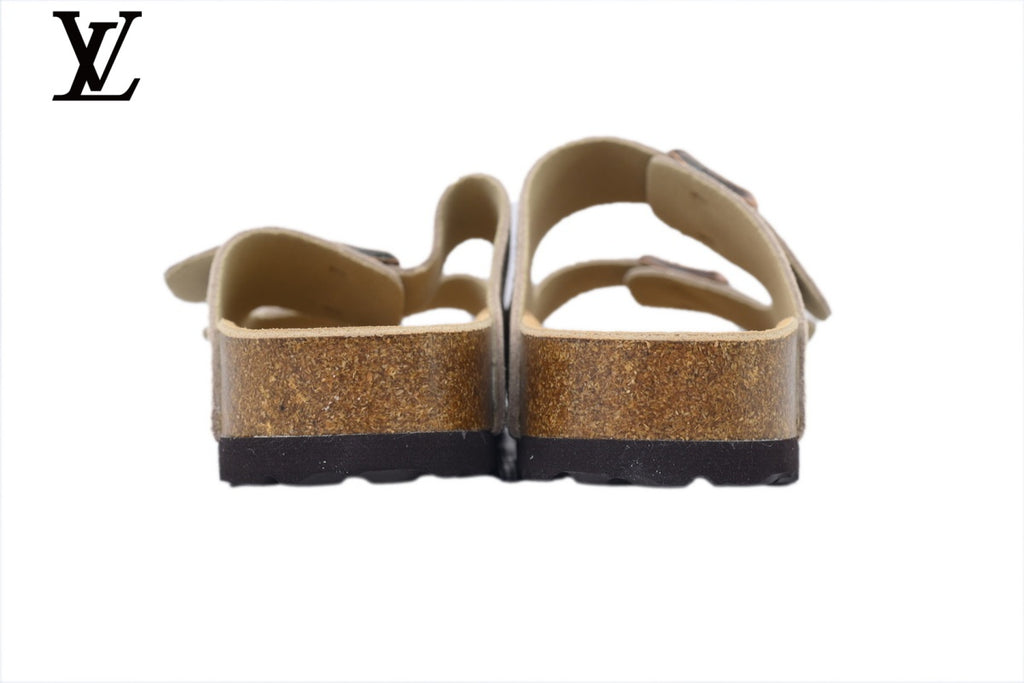 Birkenstock Slide Sandal in Off-White Suede with Double Buckle and Cork Footbed